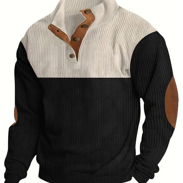 Long Sleeve Color Block Corduroy Sweater - Men's Casual Knitted Outerwear for Autumn and Winter - Stand Collar